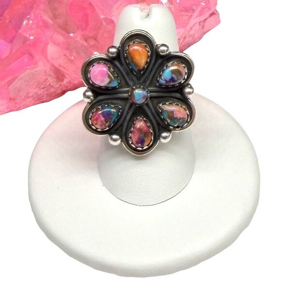 Hand Crafted Jewelry - Kingman Pink Dahlia Flower Cluster Ring Size 7 Solid 925 Sterling Silver